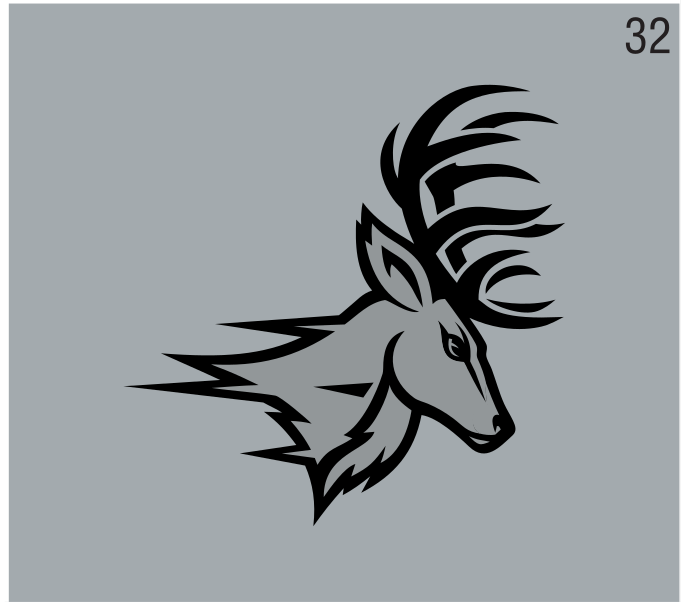 Stag head mascot, black outline on grey variant, cell 32