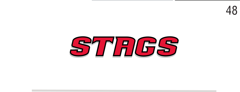 Stags wordmark, red with black outline on white variant, cell 48