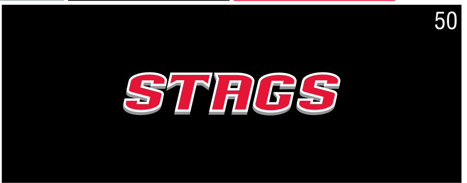 Stags wordmark, red with white outline on black variant, cell 50