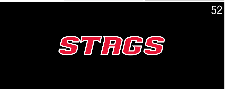 Stags wordmark, red with white outline on black variant, cell 52