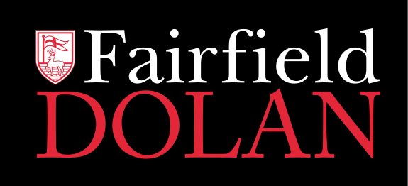 Dolan School, stacked wordmark, black background variant, cell 88