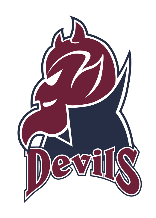 Devils head logo with script, color variant, cell 44