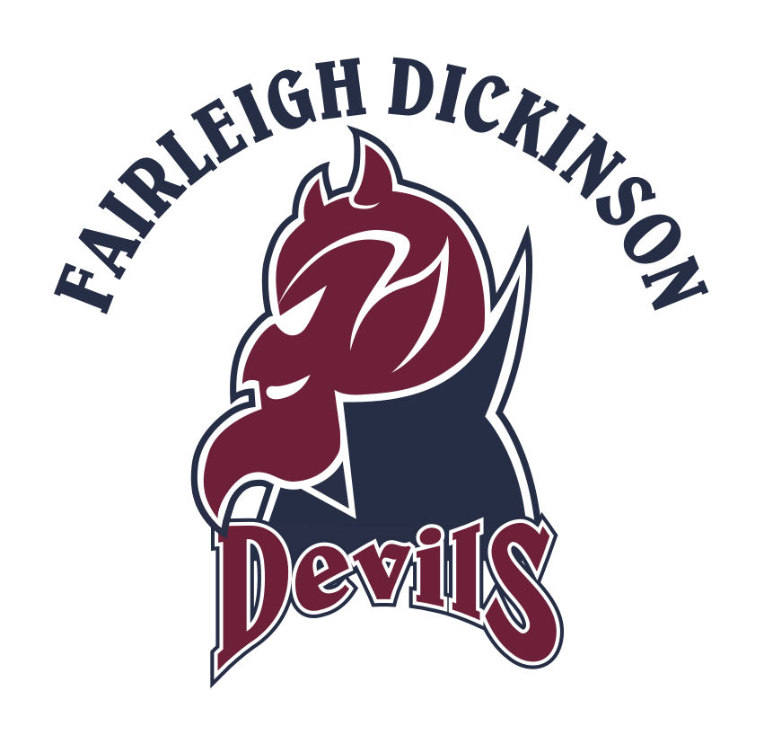 Fairleigh Dickinson arched wordmark with Devils head logo and script, color variant, cell 45