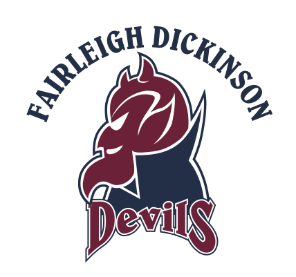 Fairleigh Dickinson arched wordmark with Devils head logo and script, color, small variant, cell 46