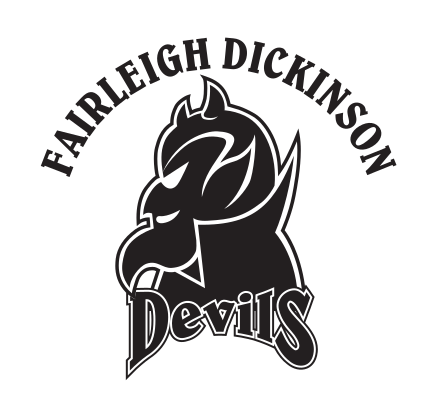 Fairleigh Dickinson arched wordmark with Devils head logo and script, black and white, small variant, cell 47