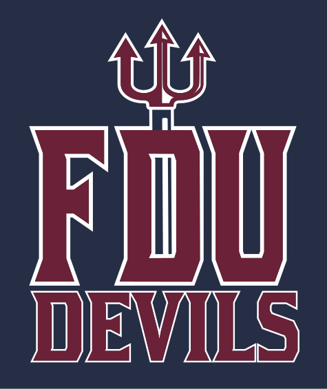 FDU DEVILS wordmark with pitchfork, white and maroon on navy variant, cell 52