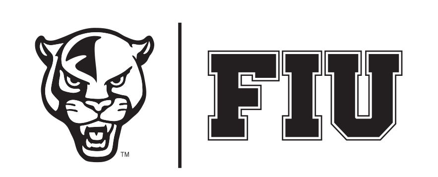 mascot head and FIU wordmark horizontal lockup, black/white variant, cell 7