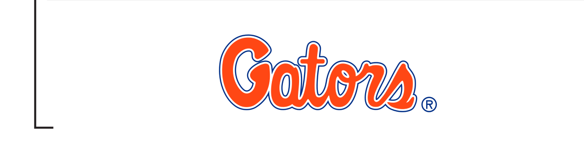 Gators wordmark, orange/blue outline on white variant, cell 28