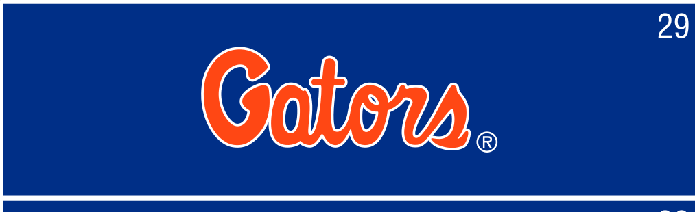 Gators wordmark, orange/white outline on blue variant, cell 29