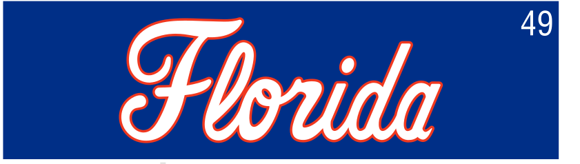 Florida script, white/orange outline on blue variant, cell 49