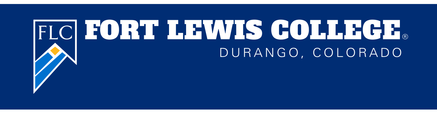 Fort Lewis College logo, horizontal lockup with tagline, white on blue variant, cell 62