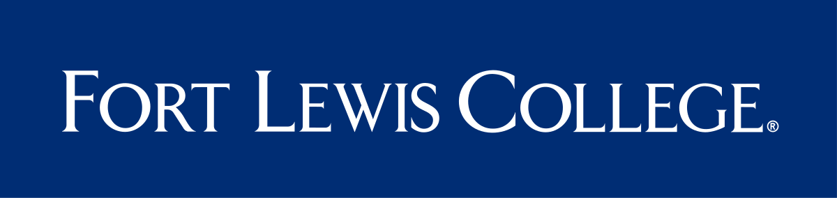 Fort Lewis College wordmark, horizontal serif, white on blue variant, cell 75