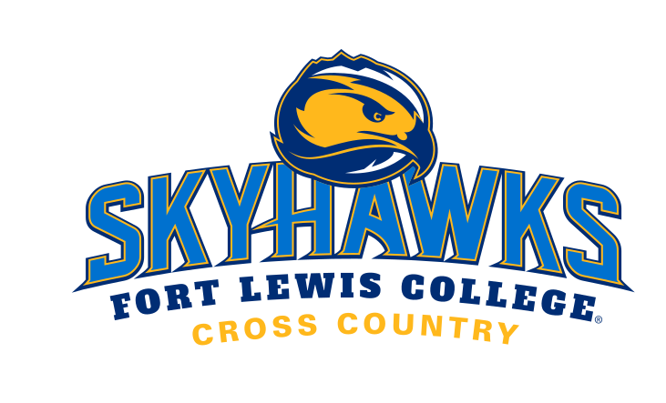 Skyhawks mascot head with wordmark and sport name, color, Cross Country variant, cell 42