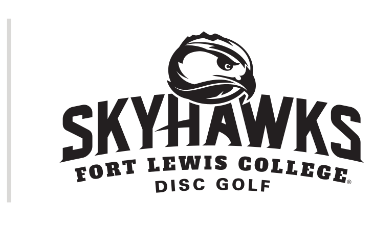 Skyhawks mascot head with wordmark and sport name, black and white, Disc Golf variant, cell 45
