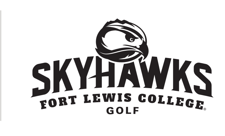 Skyhawks mascot head with wordmark and sport name, black and white, Golf variant, cell 49