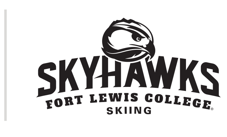 Skyhawks mascot head with wordmark and sport name, black and white, Skiing variant, cell 57