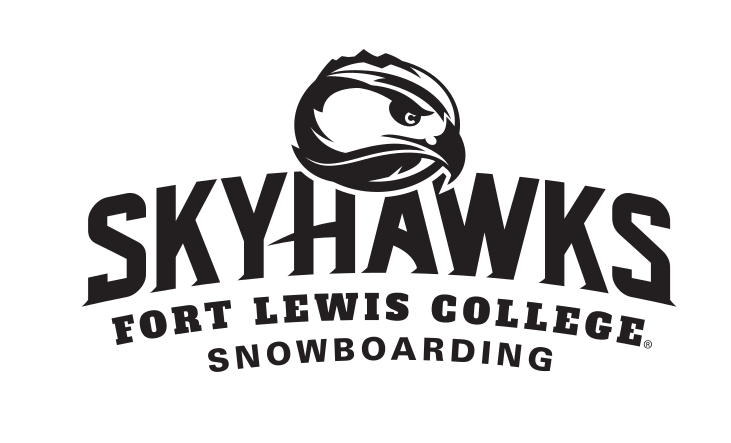 Skyhawks mascot head with wordmark and sport name, black and white, Snowboarding variant, cell 59