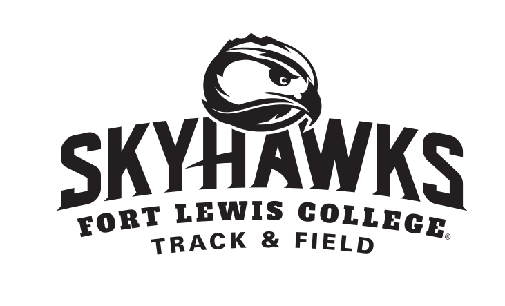 Skyhawks mascot head with wordmark and sport name, black and white, Track & Field variant, cell 65