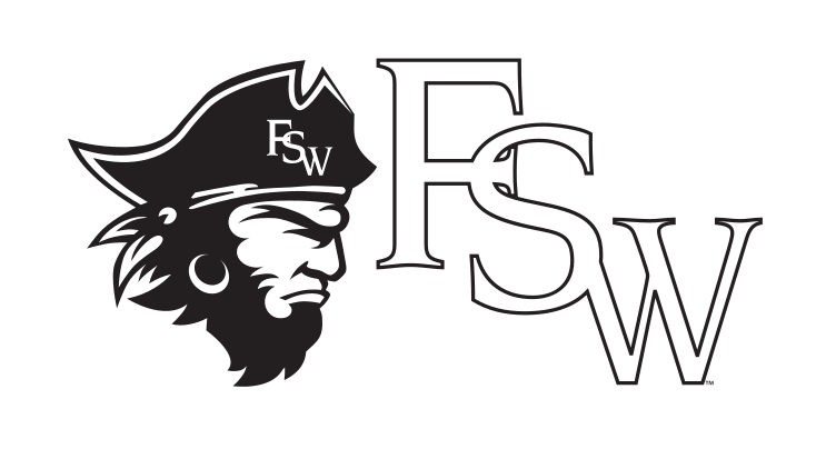 mascot head and FSW lettermark, black and white variant, cell 19