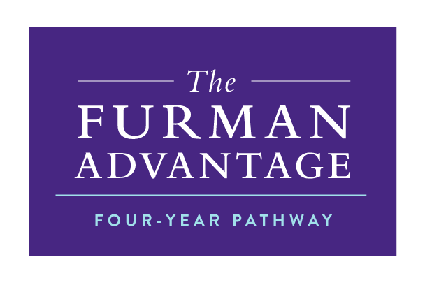 The Furman Advantage Logo with pillars, white on purple variant