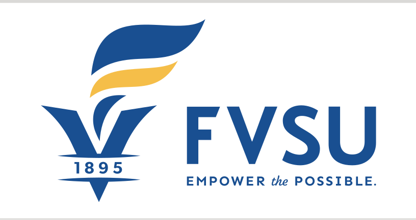 torch logo with FVSU wordmark and tagline, blue variant, cell 43