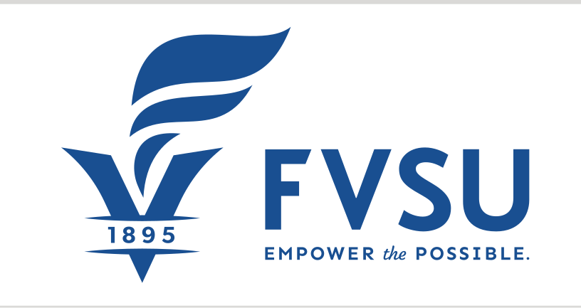 torch logo with FVSU wordmark and tagline, blue and gold variant, cell 44