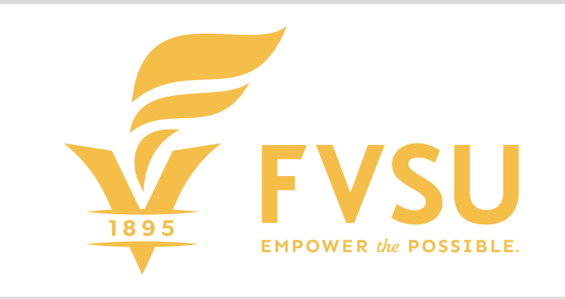 torch logo with FVSU wordmark and tagline, gold variant, cell 45