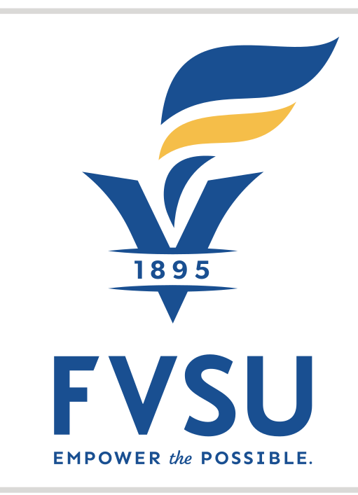 vertical torch logo with FVSU wordmark and tagline, blue variant, cell 53