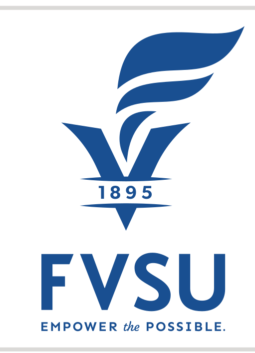 vertical torch logo with FVSU wordmark and tagline, blue and gold variant, cell 54