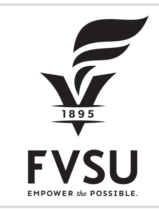 vertical torch logo with FVSU wordmark and tagline, black variant, cell 56