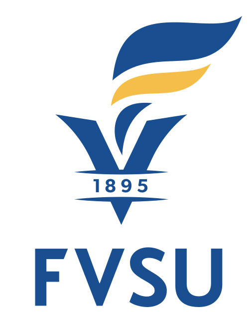 vertical torch logo with FVSU wordmark, blue variant, cell 58