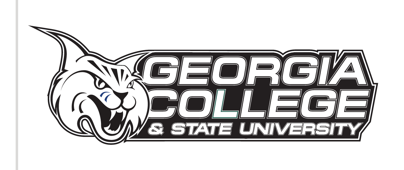 bobcat head with Georgia College & State University wordmark, black and white variant, cell 24