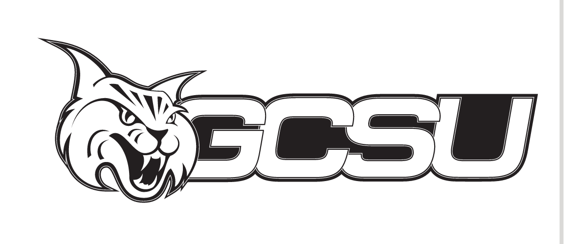 bobcat head with GCSU wordmark, black and white variant, cell 27