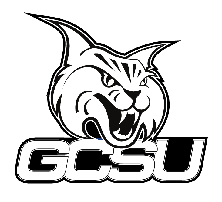 bobcat head with GCSU wordmark stacked, black and white variant, cell 30