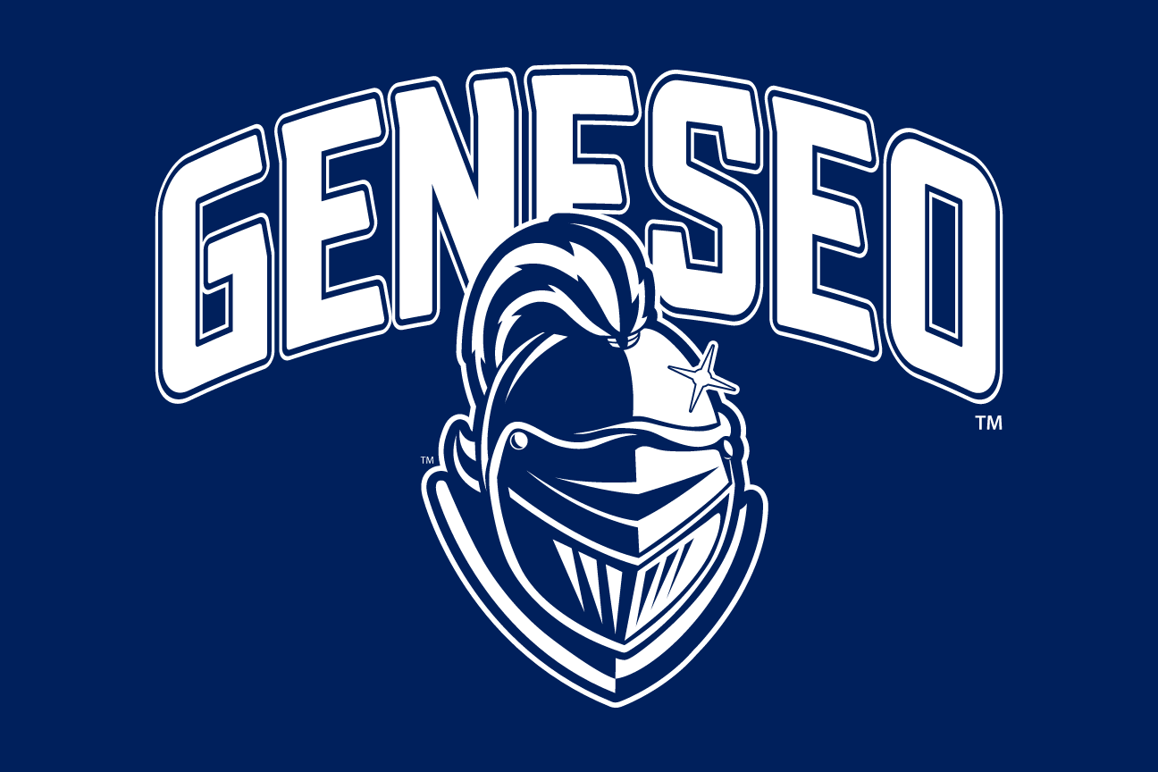 Geneseo wordmark with knight head, white/blue reverse with double outline variant, cell 85