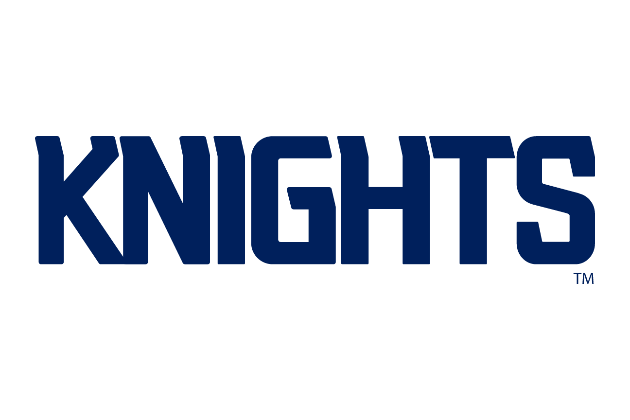 KNIGHTS wordmark, navy with white and light blue outline variant, cell 134