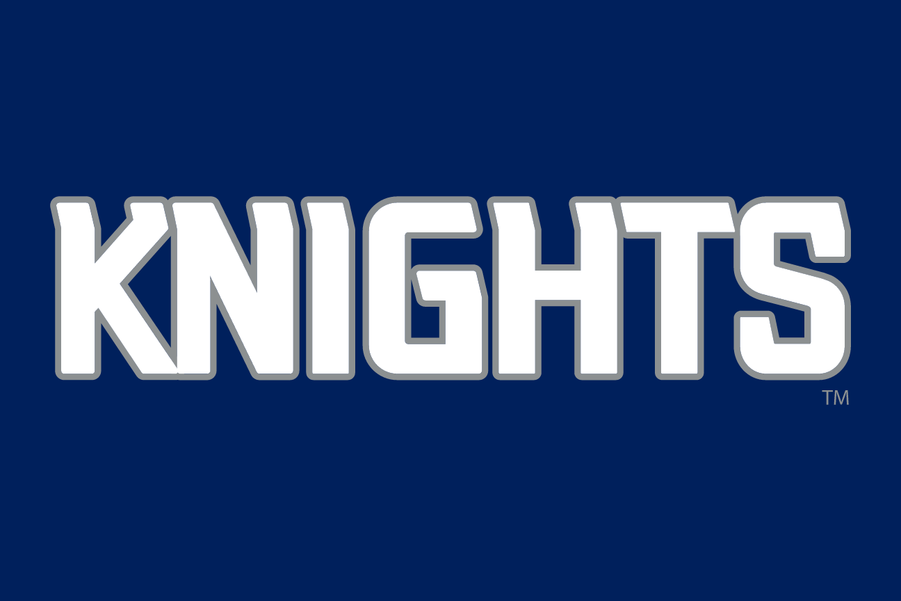 KNIGHTS wordmark, white with navy and light blue outline on navy variant, cell 150