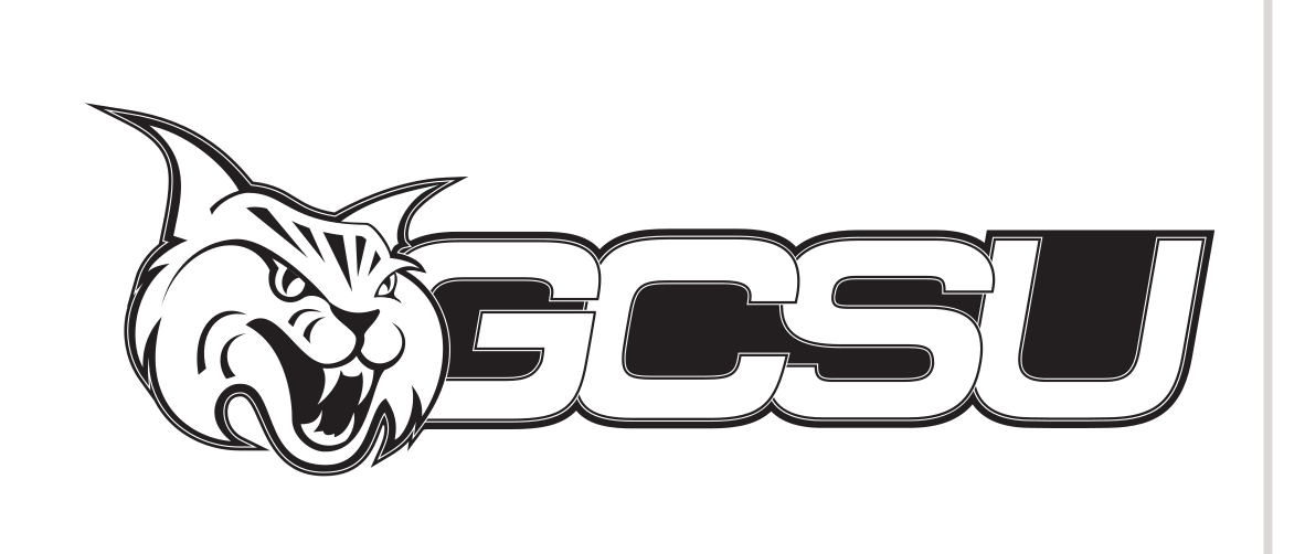 mascot head with GCSU wordmark, horizontal black and white variant, cell 27