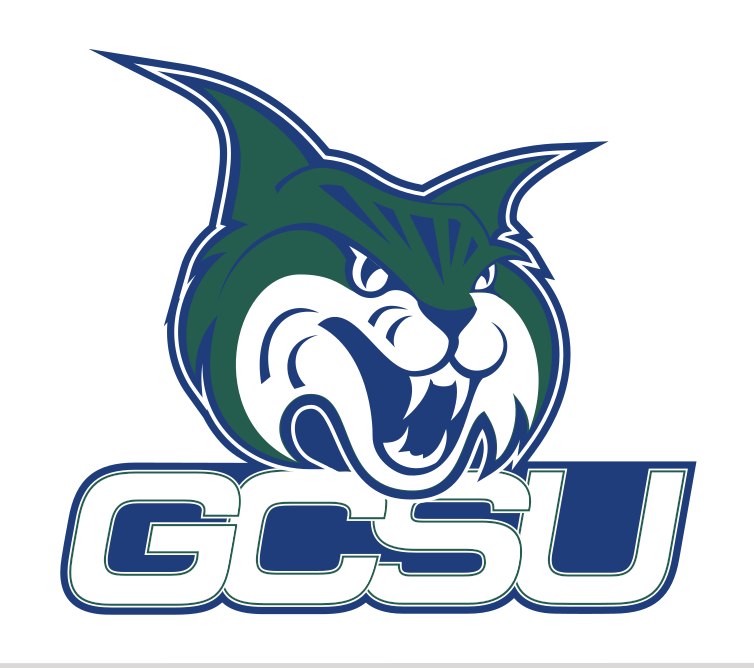 mascot head with GCSU wordmark, stacked color variant, cell 28