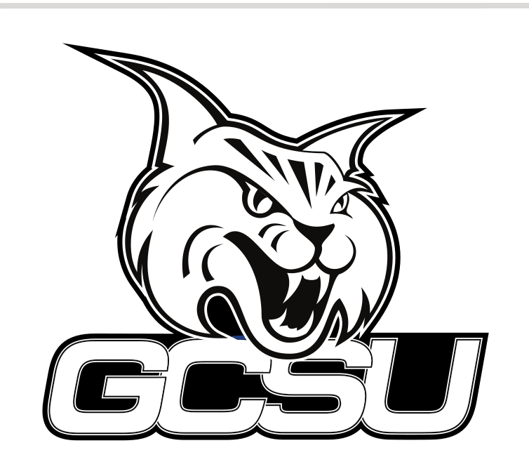 mascot head with GCSU wordmark, stacked black and white variant, cell 30
