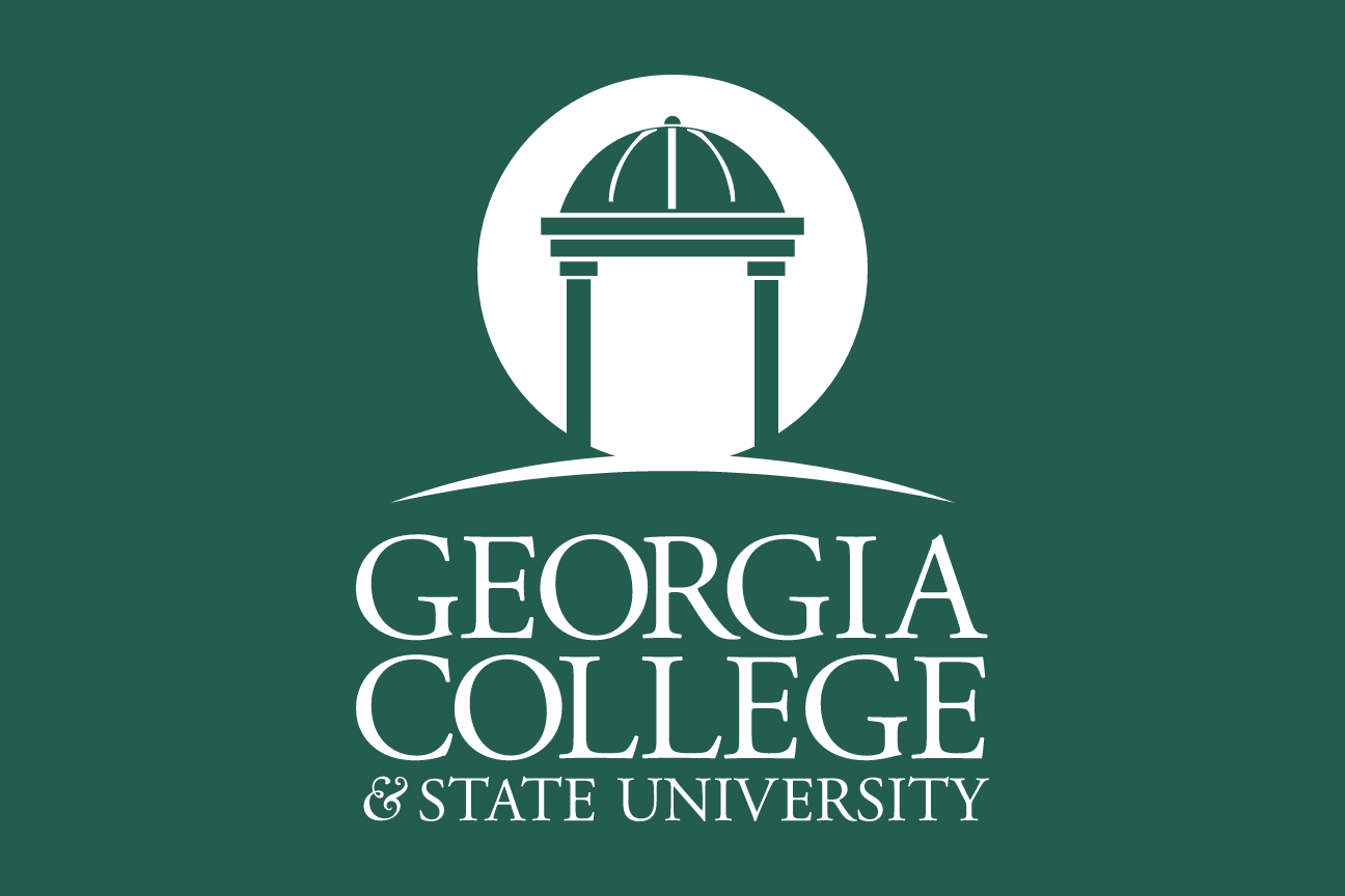 Georgia College & State University logo, stacked, white on green variant, cell 6