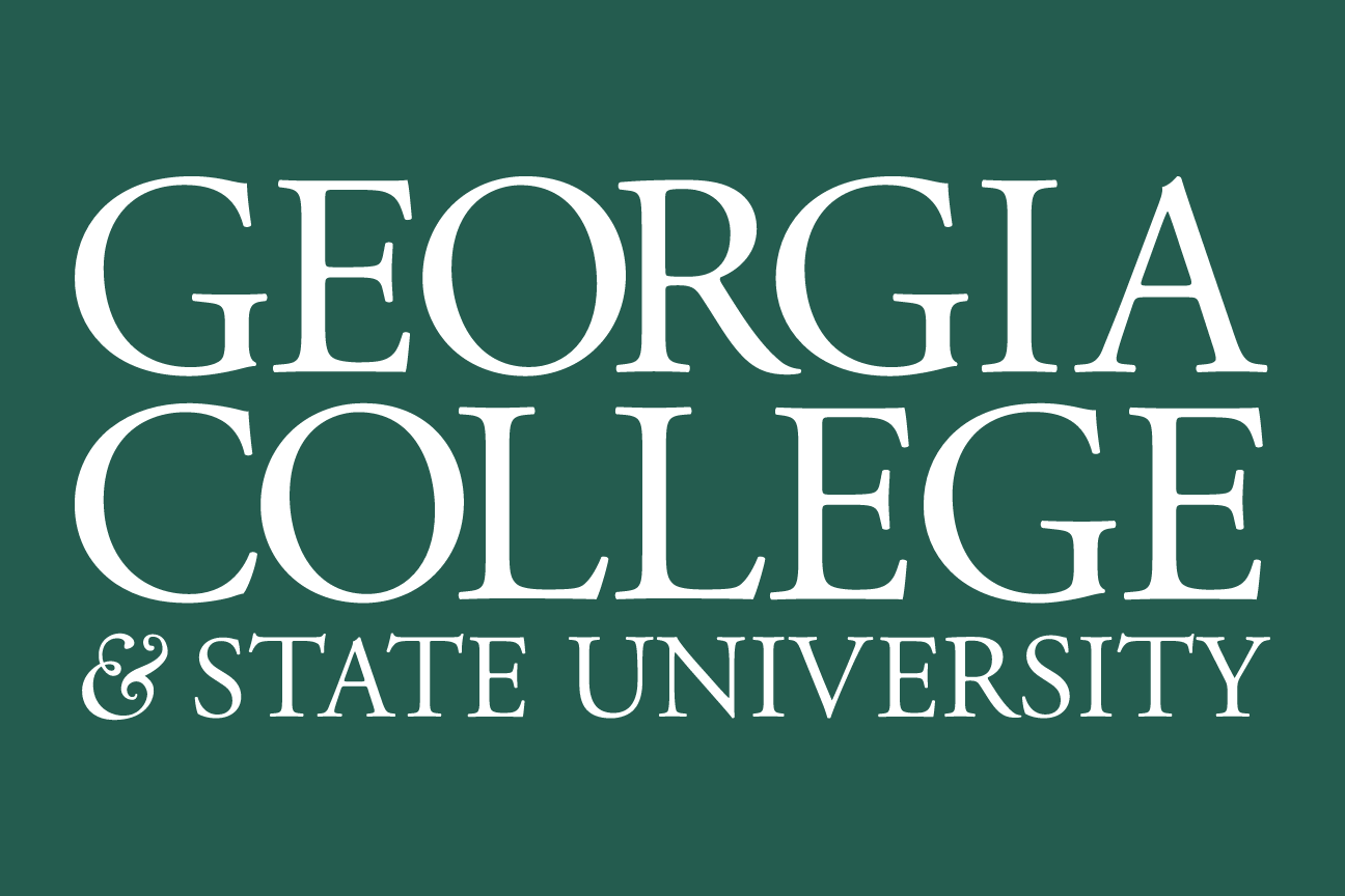 Georgia College & State University wordmark, stacked, white on green variant, cell 14