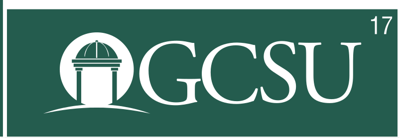 GCSU wordmark with pergola, horizontal, white on green variant, cell 17