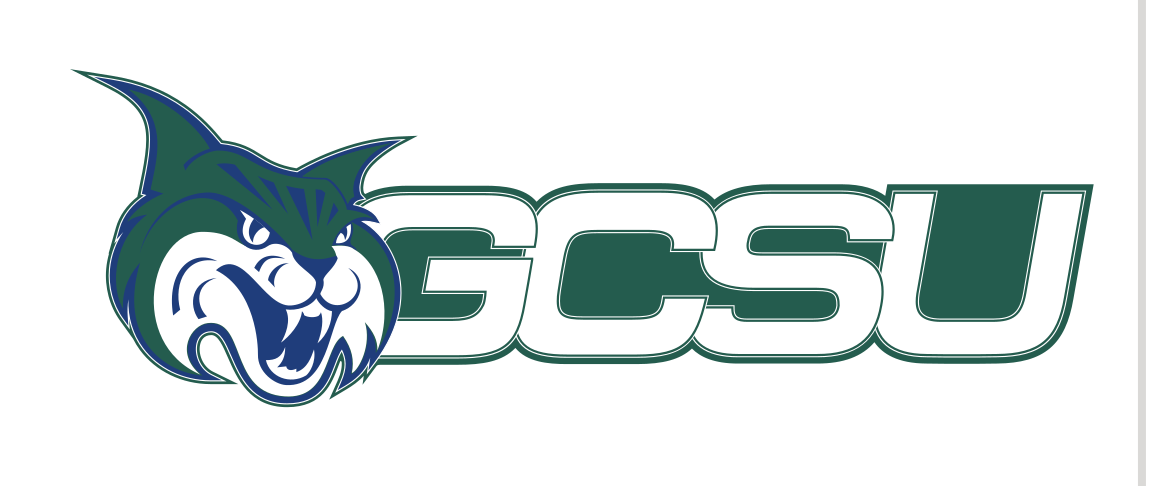 mascot head with GCSU wordmark, green variant, cell 26