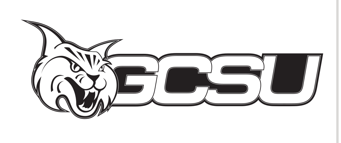 mascot head with GCSU wordmark, black and white variant, cell 27