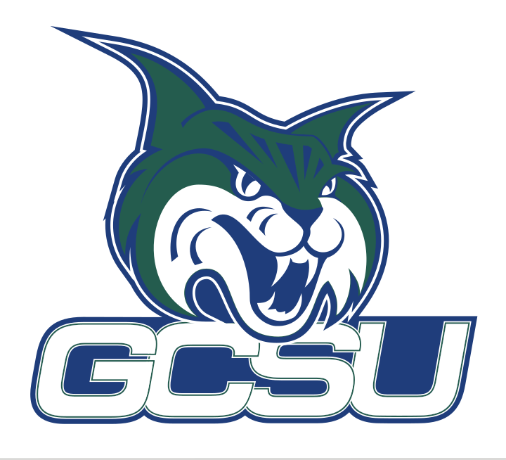 mascot head with stacked GCSU wordmark, color variant, cell 28