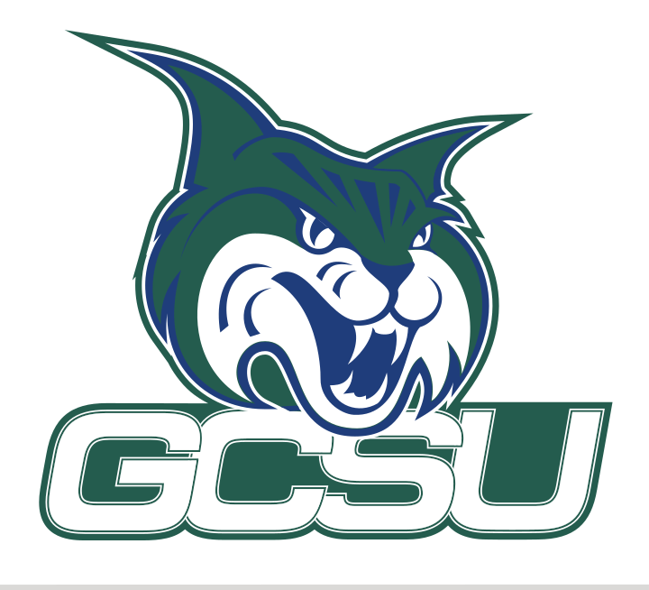 mascot head with stacked GCSU wordmark, green variant, cell 29