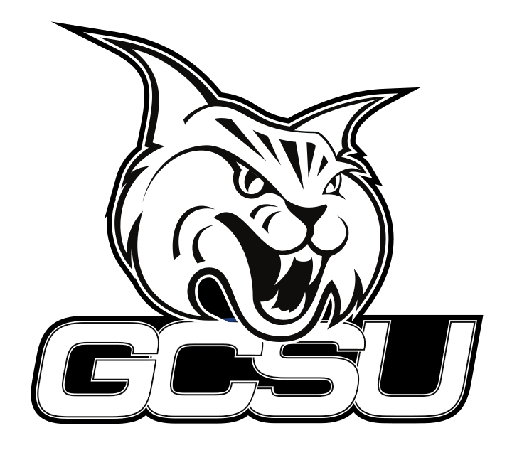 mascot head with stacked GCSU wordmark, black and white variant, cell 30