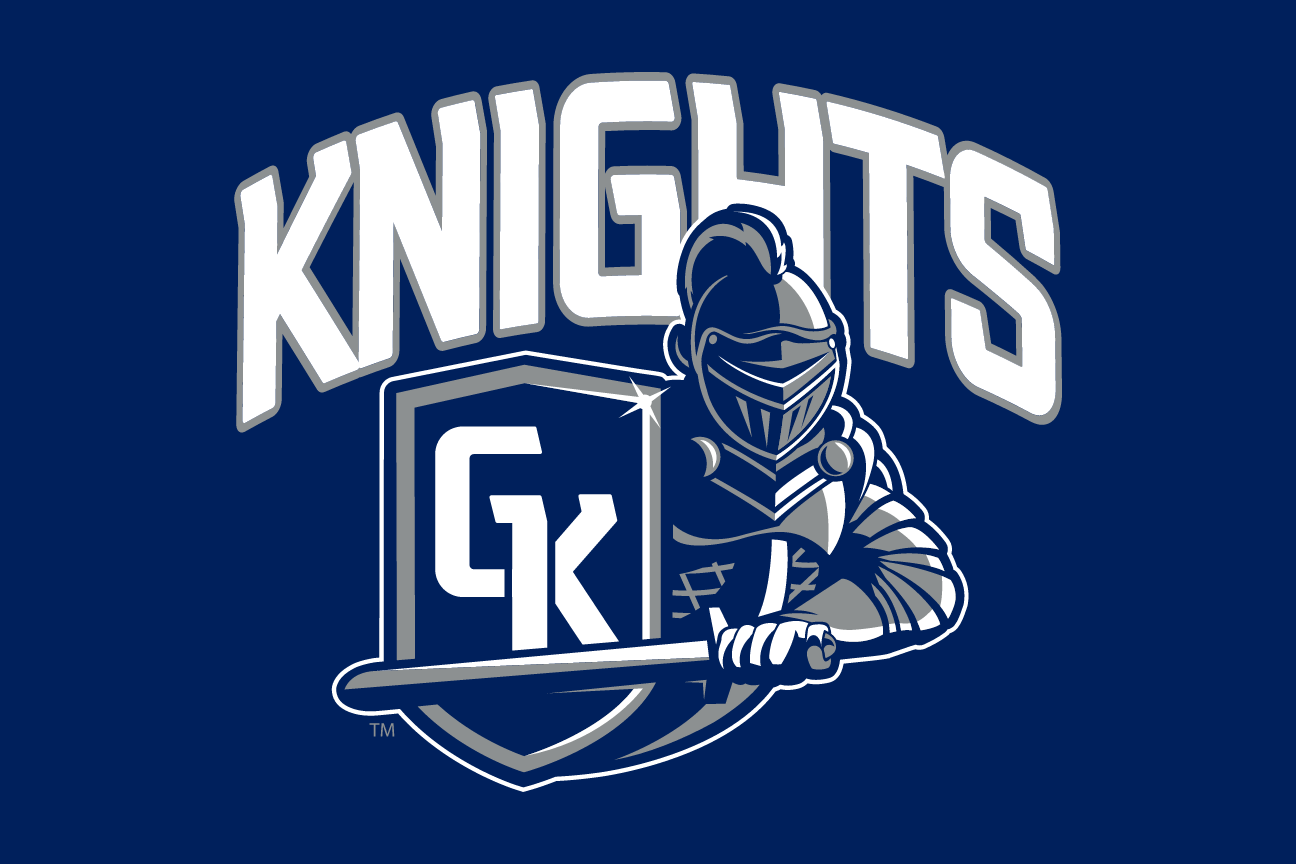 Knights wordmark with knight logo, white on blue variant, cell 59