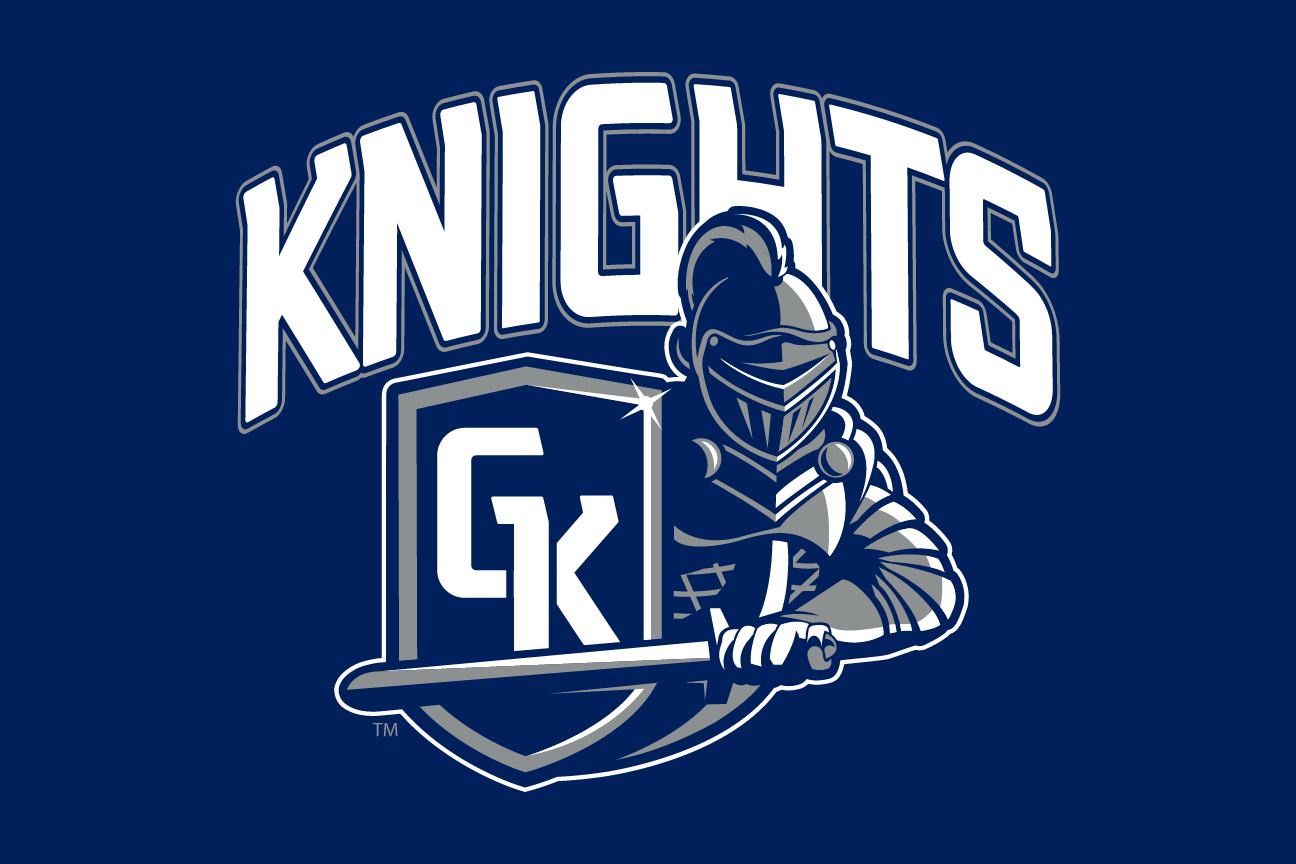 Knights wordmark with knight logo, white on blue variant, cell 60